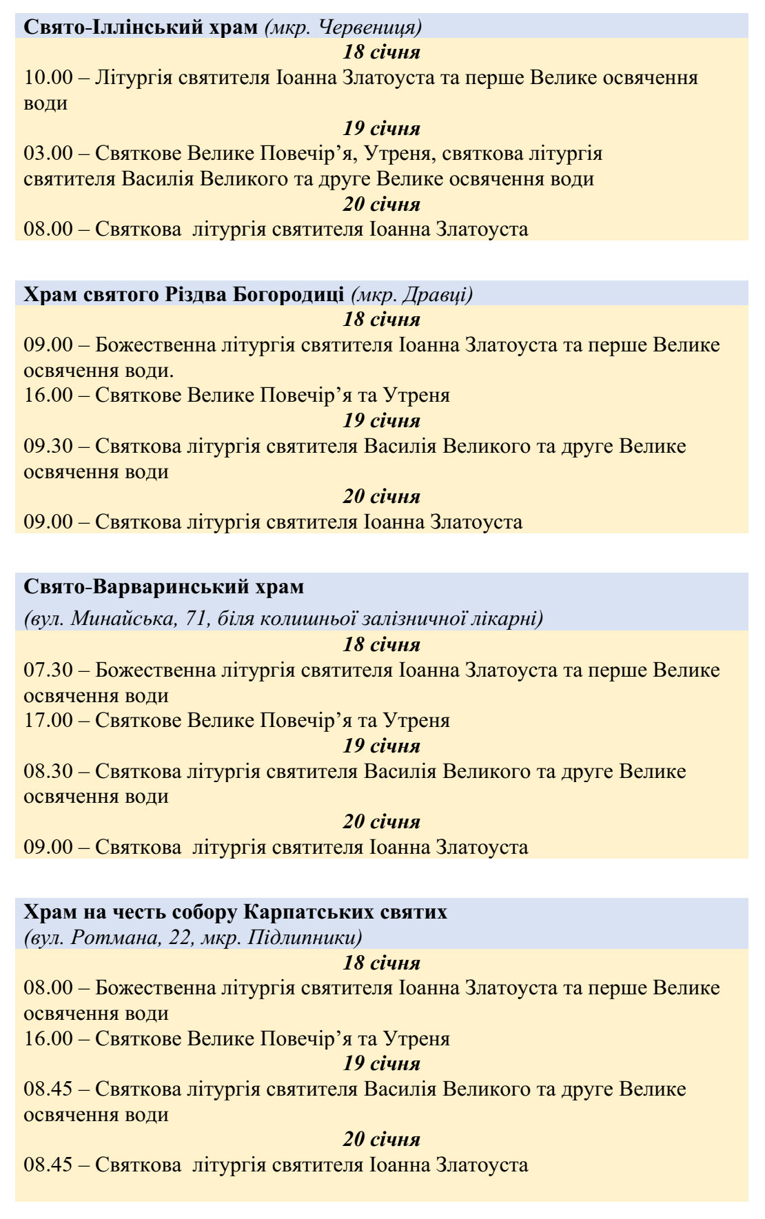 Графік проведення богослужінь та освячення води в Ужгороді на Водохреща
