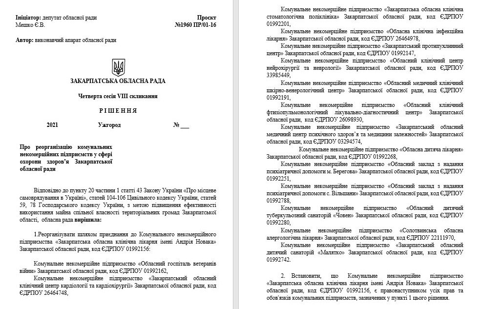 Закарпатська обласна рада хоче об’єднати всі підпорядковані медзаклади регіону в один