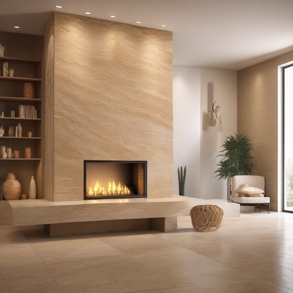 Камін з облицюванням із світлого травертину