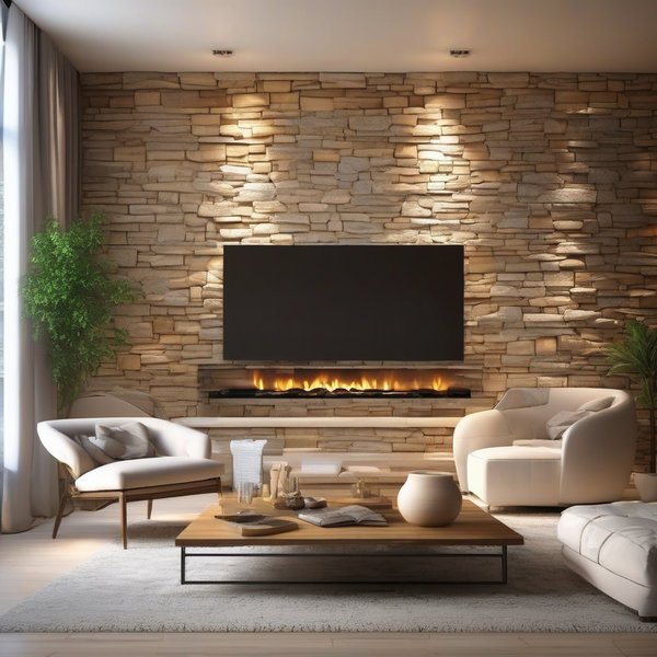 Сучасний інтер’єр із каміном з натурального травертину